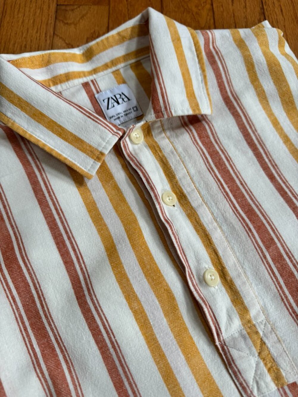 Zara Retro Stripe Textured Cotton Shirt • Short Sleeve • Orange Yellow Cream • L